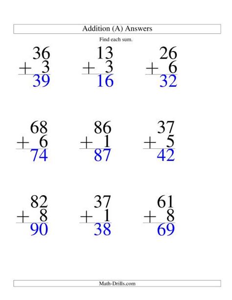 Two Digit Plus One Digit Addition 9 Questions A