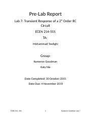 Lab Prelab Docx Pre Lab Report Lab Transient Response Of A St