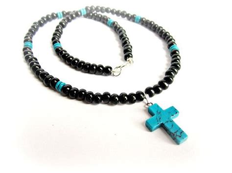 Cross Necklace Mens Beaded Necklace Cross Pendant Black Wood Etsy