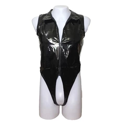 Black Faux Leather Sexy Men Sleeveless Bodysuit Open Crotch Zipper