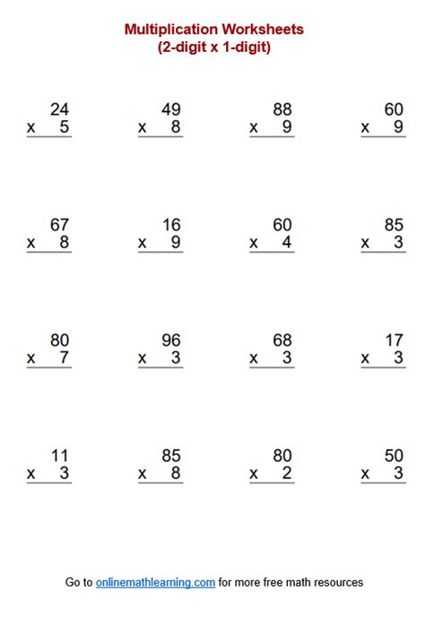 Multiply 2 Digit By 1 Digit Worksheet Examples Solutions Videos