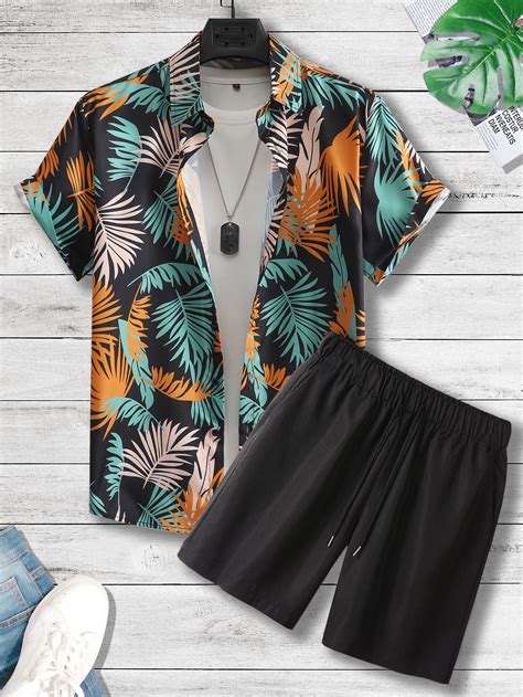 Men Tropical Print Shirt Drawstring Waist Shorts Without Tee