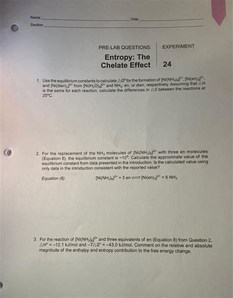 Solved Name Date Section PRE LAB QUESTIONS I EXPERIMENT Chegg