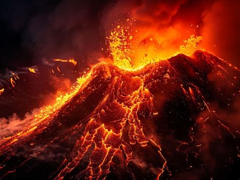 Premium Photo | A volcano with lava flowing into it and a volcano in ...