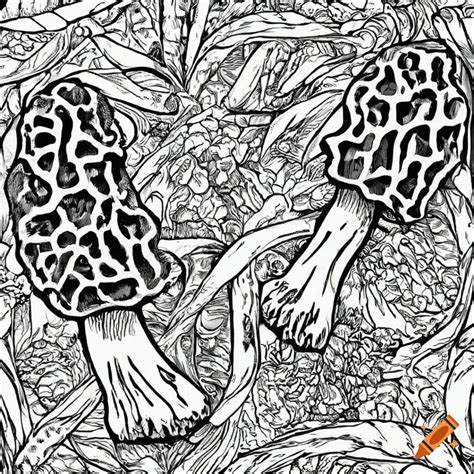 Detailed Black And White Illustration Of A Morel Mushroom