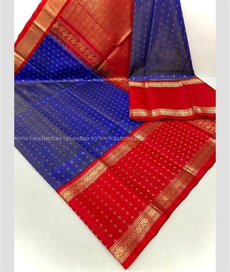 Blue And Red Color Kuppadam Pattu Sarees With Kuppadam Kanchi Border