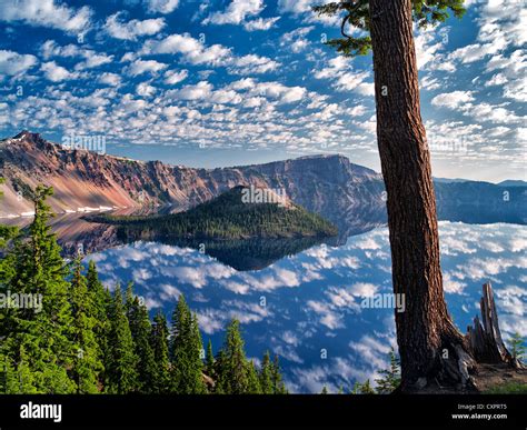 Puffy Cloud Reflection Crater Lake And Wizard Island Crater Lake