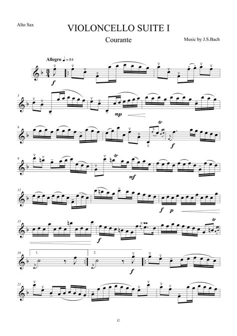 Courante From Violoncello Suite I By J S Bach For Alto Saxophone Arr