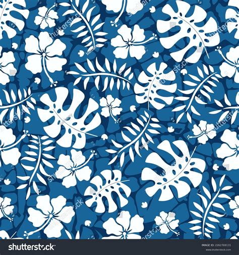 Hawaiian Seamless Pattern Hibiscus Flowers Monstera Stock Vector