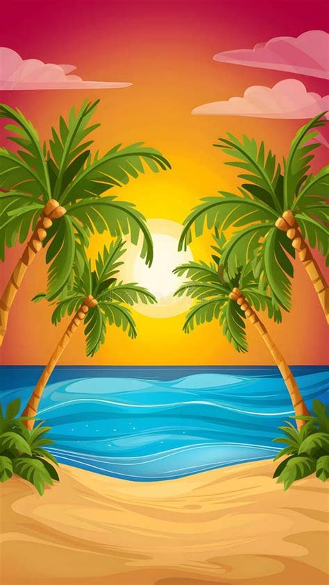 Tropical Beach Sunset With Palm Trees And Gentle Waves Serene And