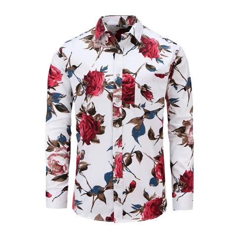 Jeetoo Long Sleeve Floral Print Men Shirt Fashion Korean Slim Fit Rose