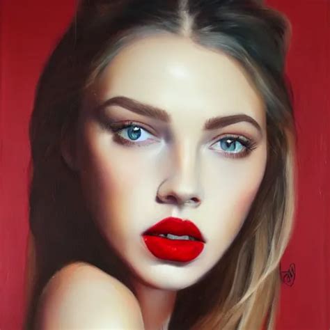 Hyperrealism Oil Painting Fashion Model Portrait Red Stable