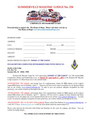 Fillable Online Sponsorship Form Summerville Masonic Lodge Fax