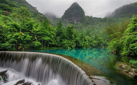 Wallpaper Pohon Pemandangan Pegunungan Air Terjun Cina Danau