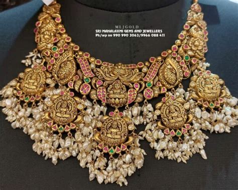 Antique Gold Lakshmi Guttapusalu Necklace Indian Jewellery Designs