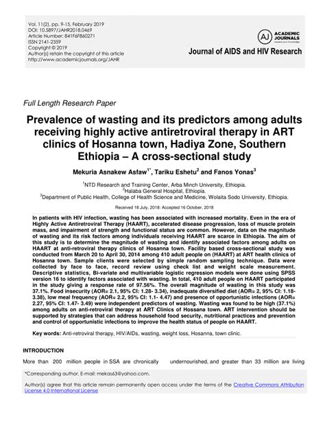 Pdf Journal Of Aids And Hiv Research Prevalence Of Wasting And Its