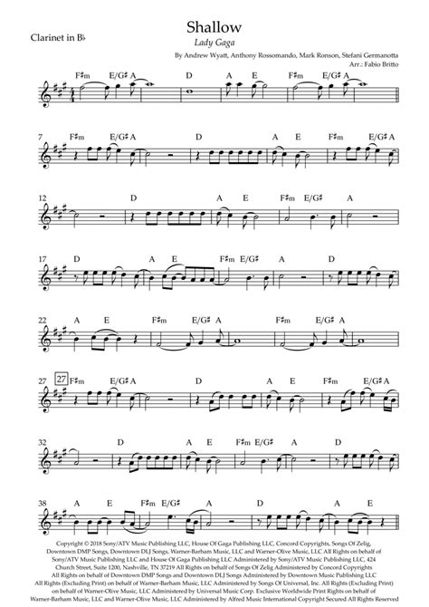 Shallow Arr Fabio Britto By Lady Gaga Sheet Music For Clarinet Solo