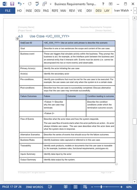 Business Requirements Specification Template Ms Wordexcelvisio