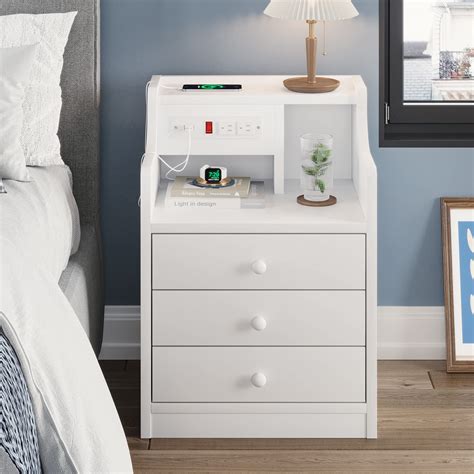 Buy ADORNEVE Nightstand with Charging Station,White Night Stand with ...