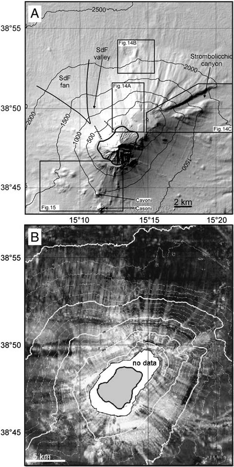 A) Shaded relief map (illumination from NW) and bathymetry of Stromboli ...