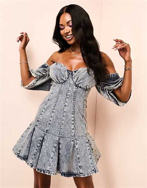 Asos Luxe Off Shoulder Bardot Skater Mini Dress In Acid Wash Denim Asos