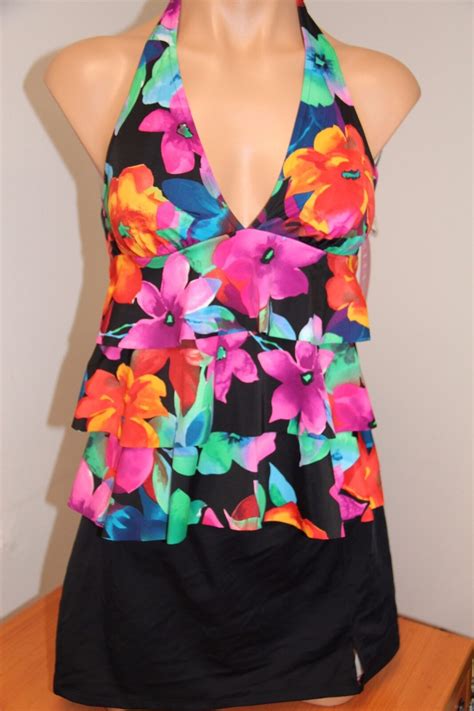 Caribbean Joe Swimsuit Tankini Bikini 2pc Set Sz 10 Halter Floral Black