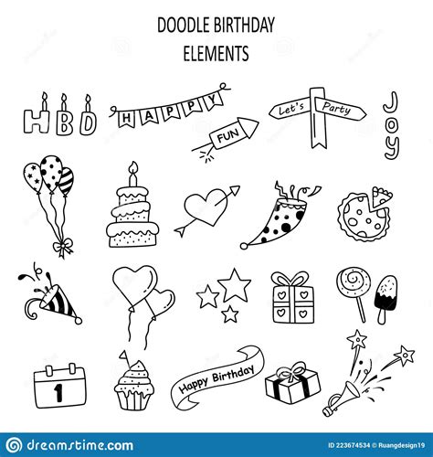 Set Of Happy Birthday Doodle Elements Isolated On White Background