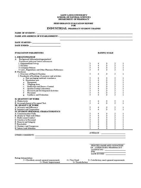 Performance Evaluation For Pharmacy Internship 1 Pharmacy Medical Prescription