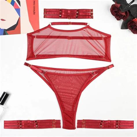 Conjunto De Suti Aberto De Renda Transparente Ex Tico Lingerie Ntima
