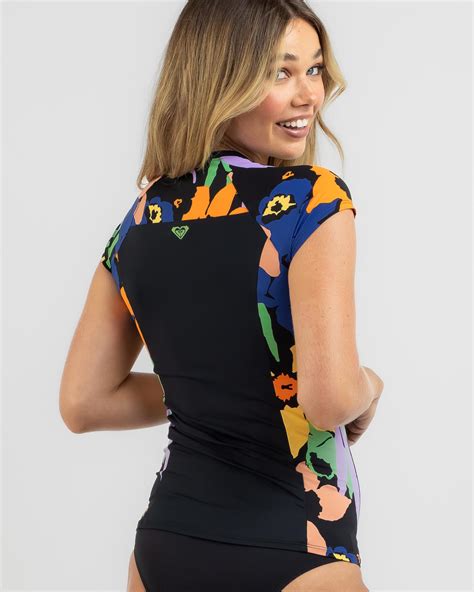 Shop Roxy Lycra 1 2 Zip Cap Sleeve Rash Vest In Anthracite Flower