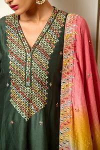 Buy Green Chanderi Silk Embroidered Sequin V Neck Flared Kurta Sharara