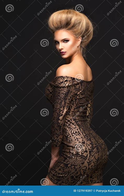 Sensual Blonde Woman Posing In Black Dress Stock Image Image Of