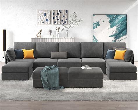 Papajet Modular Sectional Sofa 9 Seats Oversized Couch With Storage Ottomans Chenille Grey