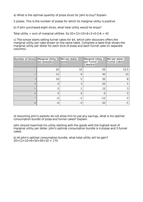 Microeconomic Test 101 A What Is The Optimal Quantity Of Pizza Slices For John To Buy