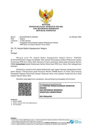 surat persetujuan jadwal pelaksanaan pppk guru instansi daerah
