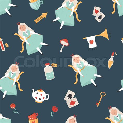 Seamless Pattern With Symbols From Alice In Wonderland Stock Vector