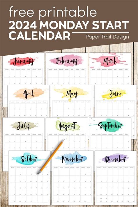 Monday Start Watercolor Calendar Paper Trail Design Free