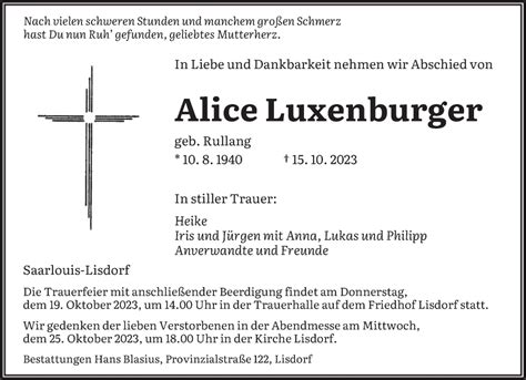 Traueranzeigen Von Alice Luxenburger Saarbruecker Zeitung Trauer De