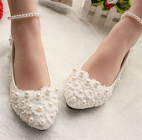 Lace Pearl Bridal Wedding Shoes Bridesmadesflats Low High Heel Pump