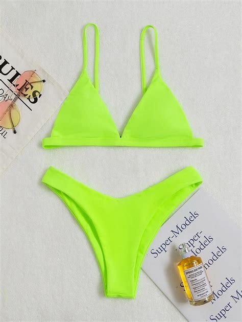 SHEIN Swim Plain Triangle High Cut Bikini Swimsuit SHEIN USA