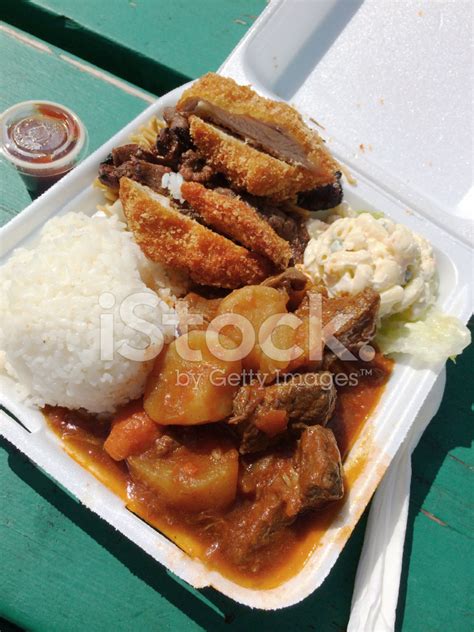 Plate Lunch Fastfood Specialty Of The Hawaiian Islands Stock Photo