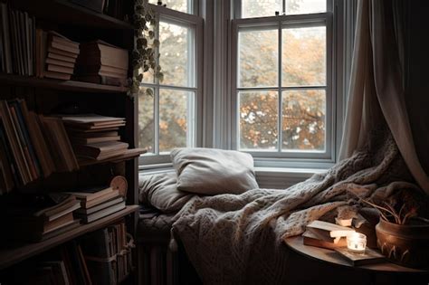 Premium Ai Image A Cozy Reading Nook With A Pile Of Books And Soft