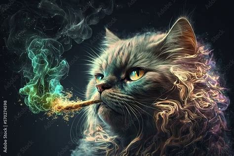 Cat Animal Smoking Ganja Weed Illustration Generative Ai Stock