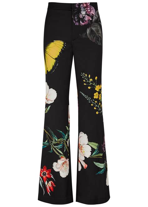 Alice Olivia Ronnie Floral Print Satin Crepe Trousers Black