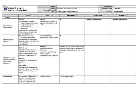 Dll Filipino 6 Q3 W10 Dasfa Grades 1 To 12 Daily Lesson Log School Grade Level Vi Teacher