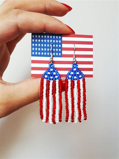 American Flag Earrings Patriotic Seed Beads Earrings Etsy Bead