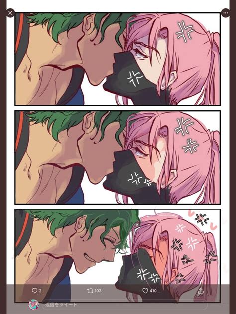 Two Anime Characters Kissing Each Other With Pink Hair And Green Eyes