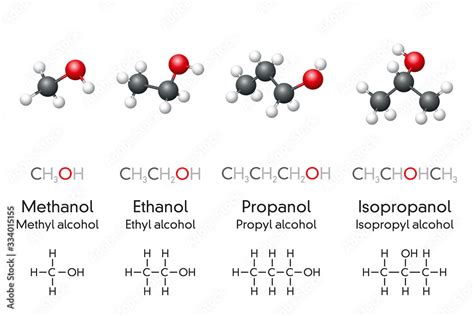 Methanol, ethanol, propanol and isopropanol, molecular models and ...