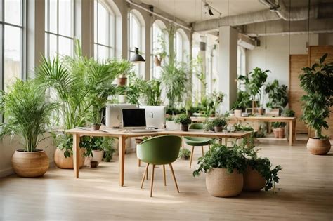 Premium AI Image Eco Style Sunlit Open Space Office With Big