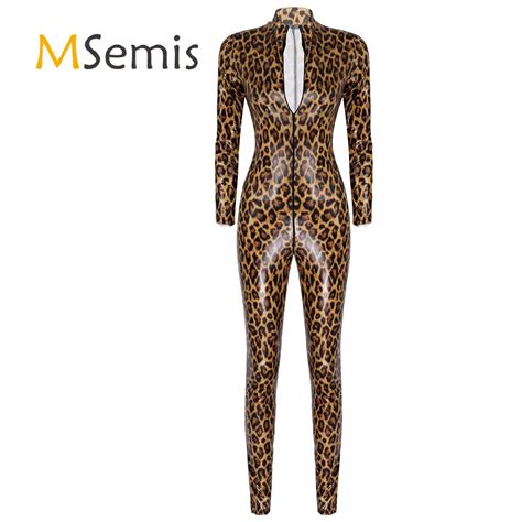 Womens Catsuit Sexy Clubwear Patent Leather Leopard Print Bodysuit Stand Collar Zipper Leotard